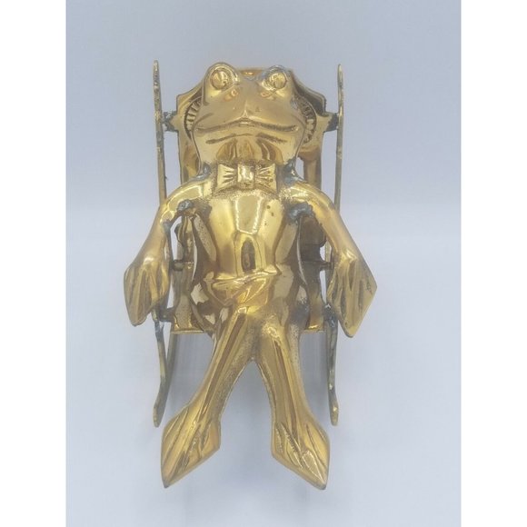 Brass Frog in Rocking Chair Figurine Bow Tie Gentleman Frog Made in Korea - Picture 2 of 8